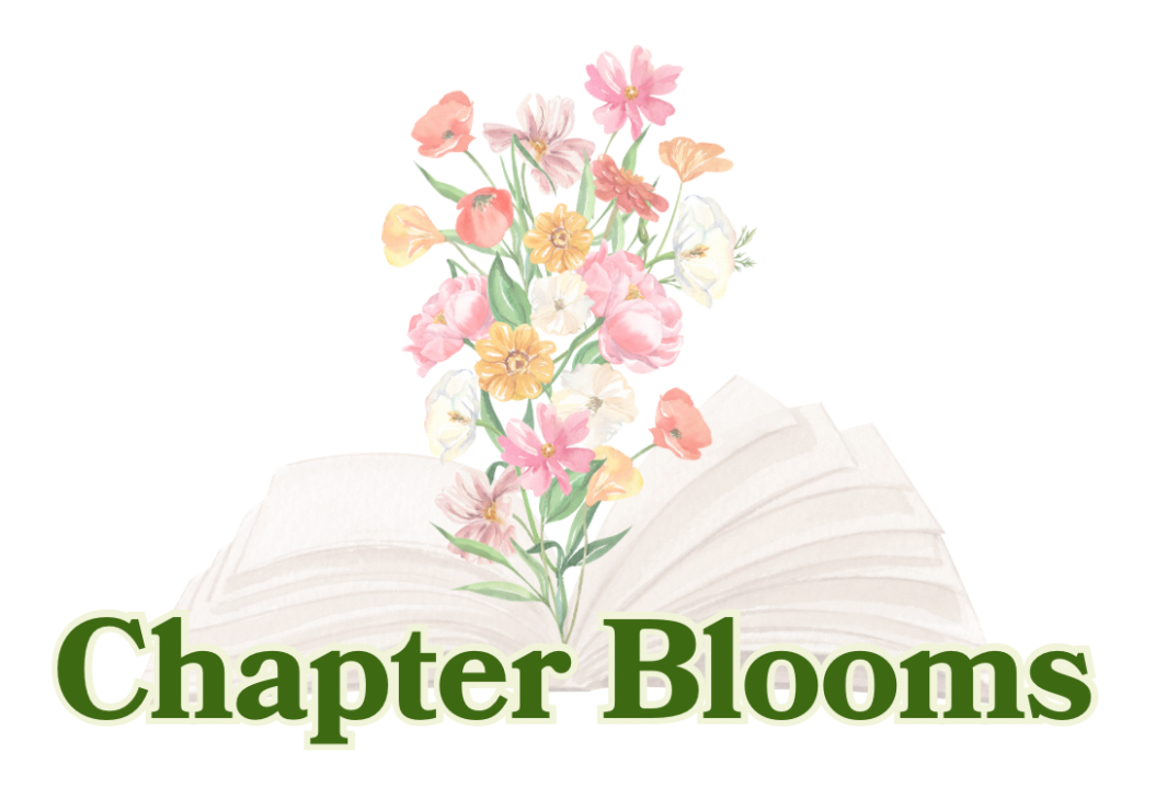 Open book logo with flowers popping up from opening. Chapter Blooms title below.