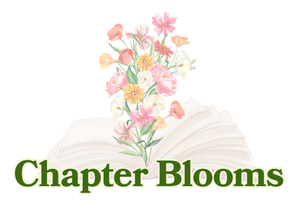 Open book logo with flowers popping up from opening. Chapter Blooms title below.