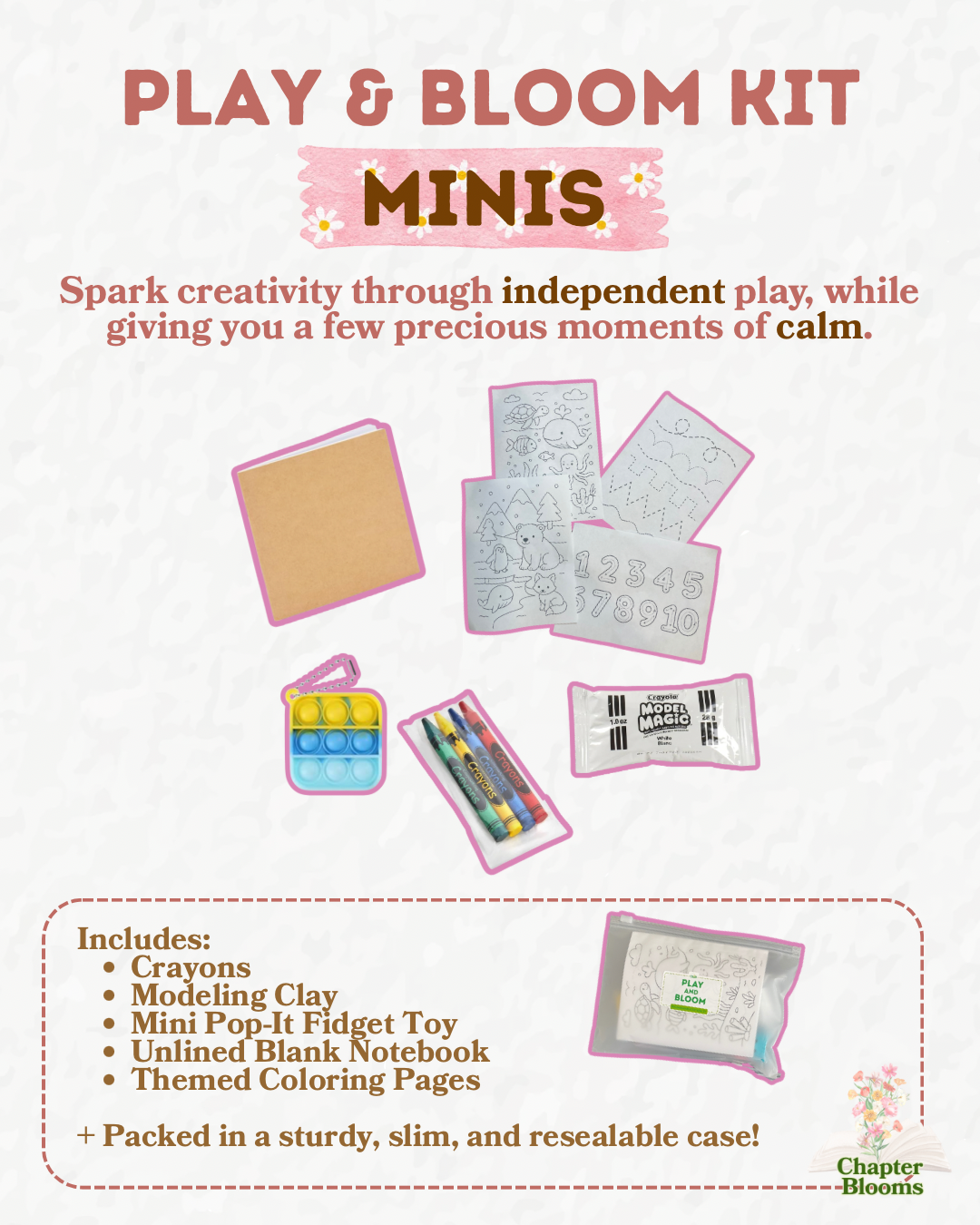 Play & Bloom Kit Minis packaging-coloring pages, notebook, model magic, pop-it toy, crayons, listed on a white background