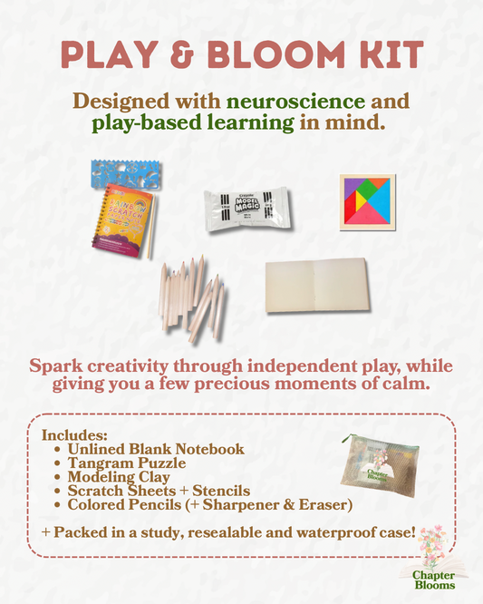 Play & Bloom Kit with educational materials- model magic, notebook, tangrams, colored pencils, scratch art pad on a white background